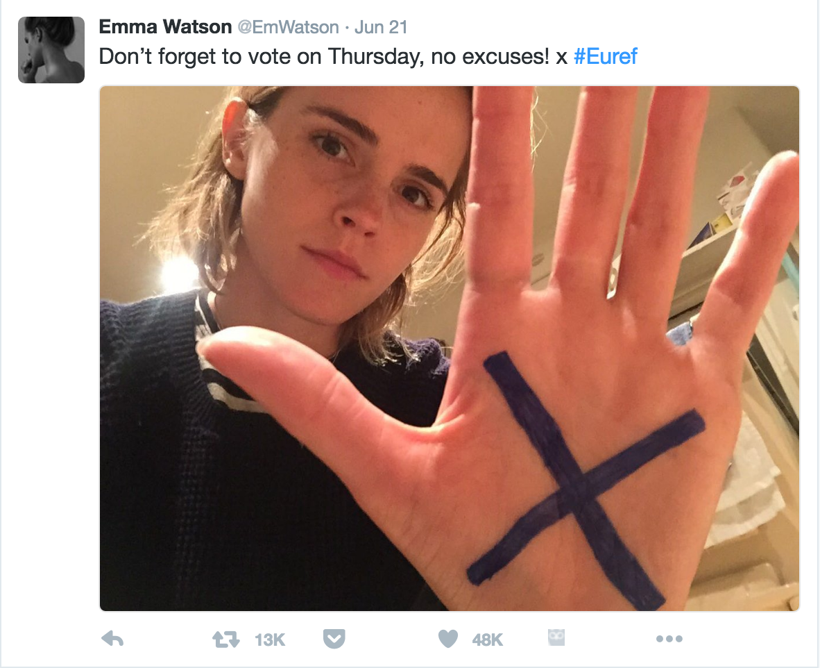Emma Watson with a black X on her hand captioned "Don't forget to vote on Thursday, no excuses! x #Euref"