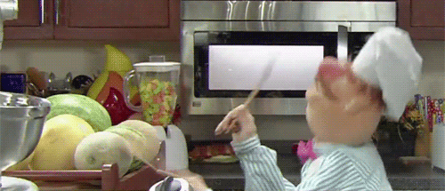The Swedish Chef bangs on melons as if he is playing the drums in the kitchen.