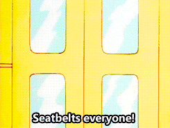 Ms. Frizzle waving from inside the magic school bus, saying "Seatbelts, everyone!"