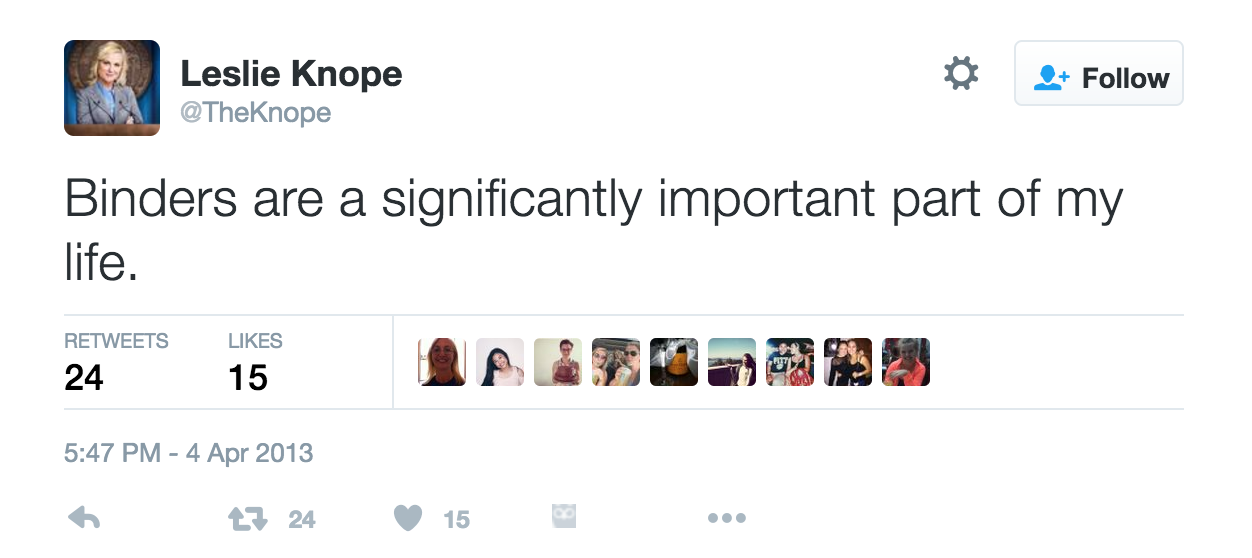 Leslie Knope tweets "Binders are a significantly important part of my life."