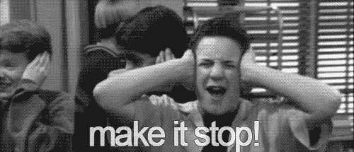 Corey from Boy Meets World shouts "Make it stop!" and covers his ears.