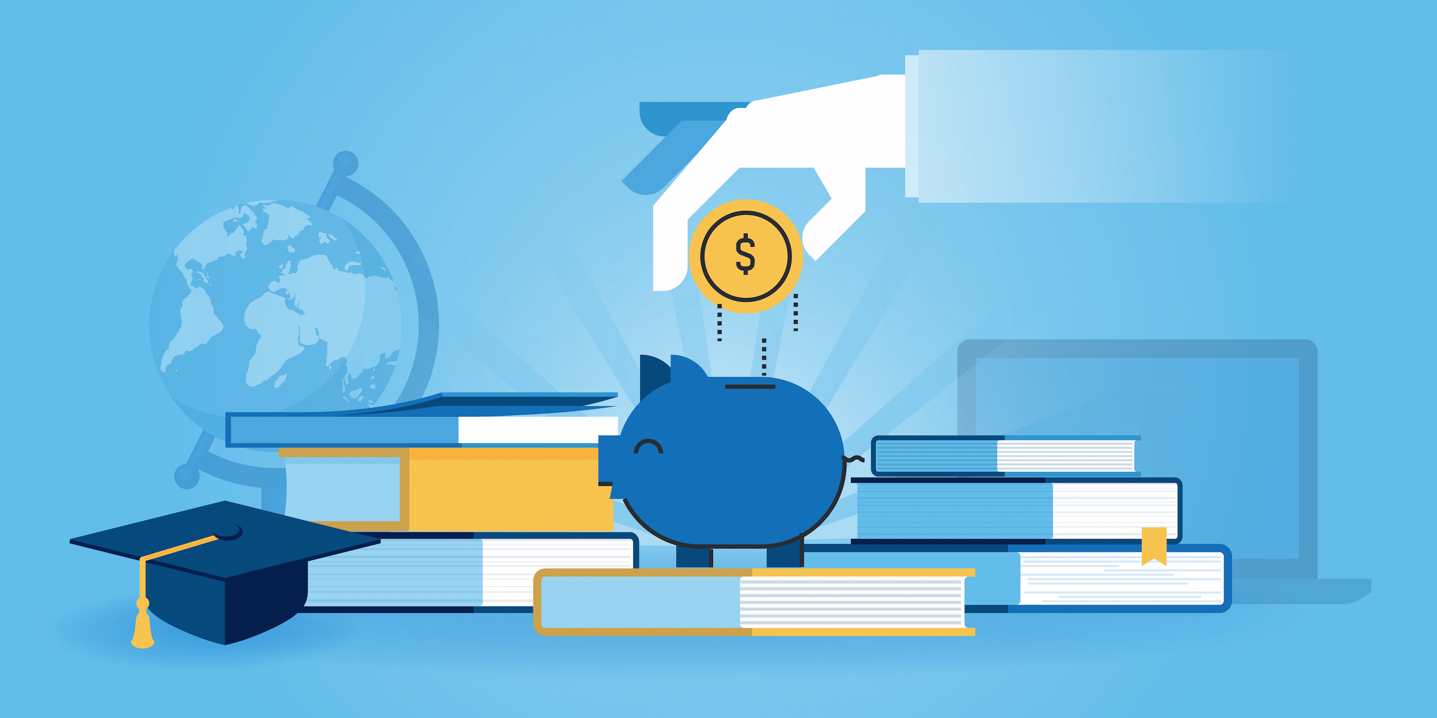 There are plenty of scholarships for students from Louisiana; here a hand drops a coin into a piggy bank that rests on top of schoolbooks.