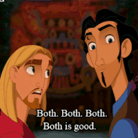 Two male characters look at each other saying "Both. Both. Both. Both is good."